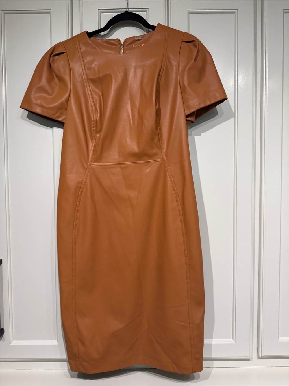 Calvin Klein Cognac Faux Leather Puff-Sleeve Sheath Dress